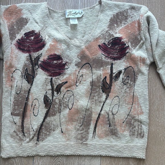 Vintage Victoria Sweater One Size Made in USA Floral Painted Cotton Pullover 90s - Picture 6 of 9